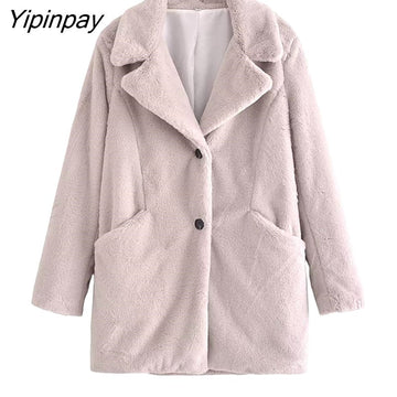 Yipinpay 2023 Women Faux Fur Thicken Coat Autumn Winter Vintage Warm Long Sleeve Pockets Female Single Breasted Outerwear Chic Tops